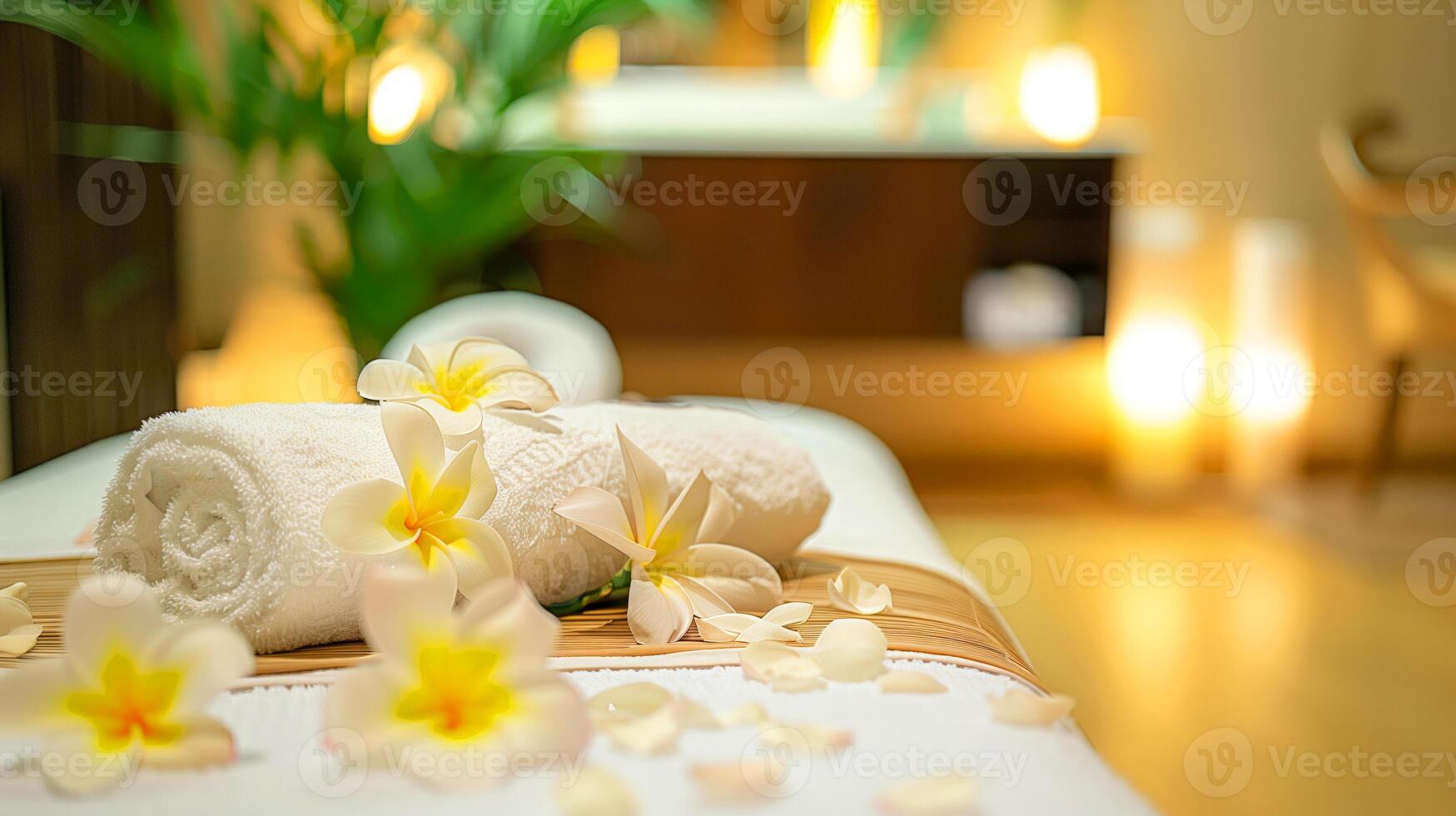 Spa massage setting with frangipani flowers and towel photo
