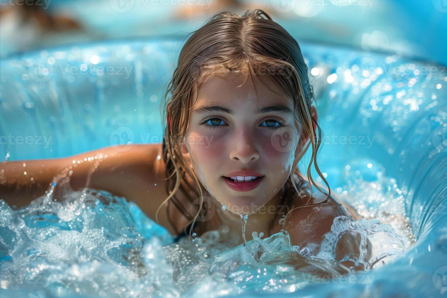 Portrait of a girl in a pool on an inflatable ring at a resort photo