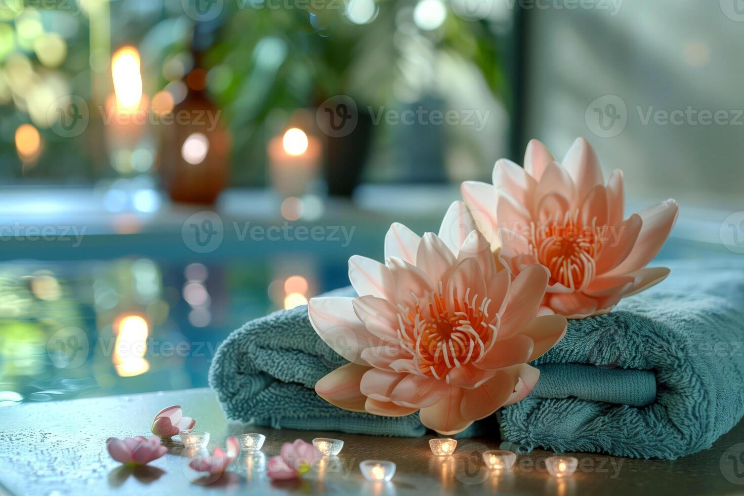 Beautiful spa composition with lotus flowers, towels and candles on table photo
