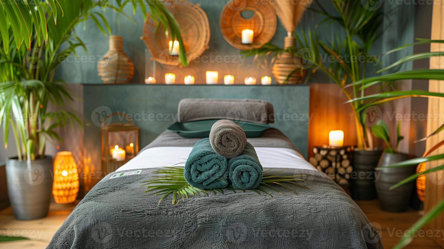 Luxury spa salon interior with tropical plants, candles and bed photo
