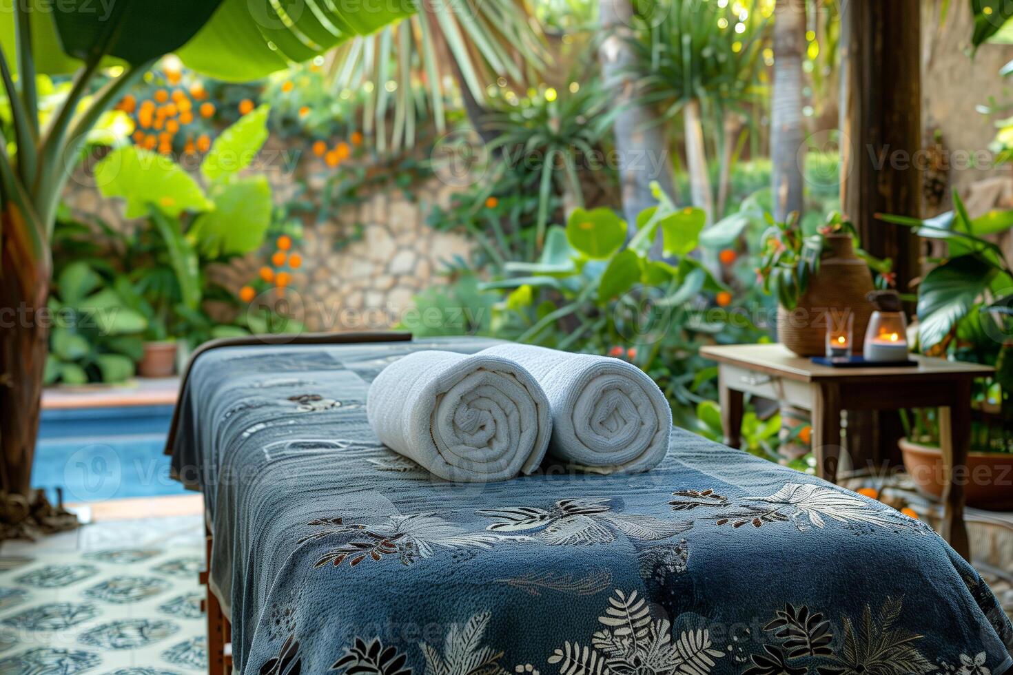 Towels on the bed in the spa room. Spa resort photo