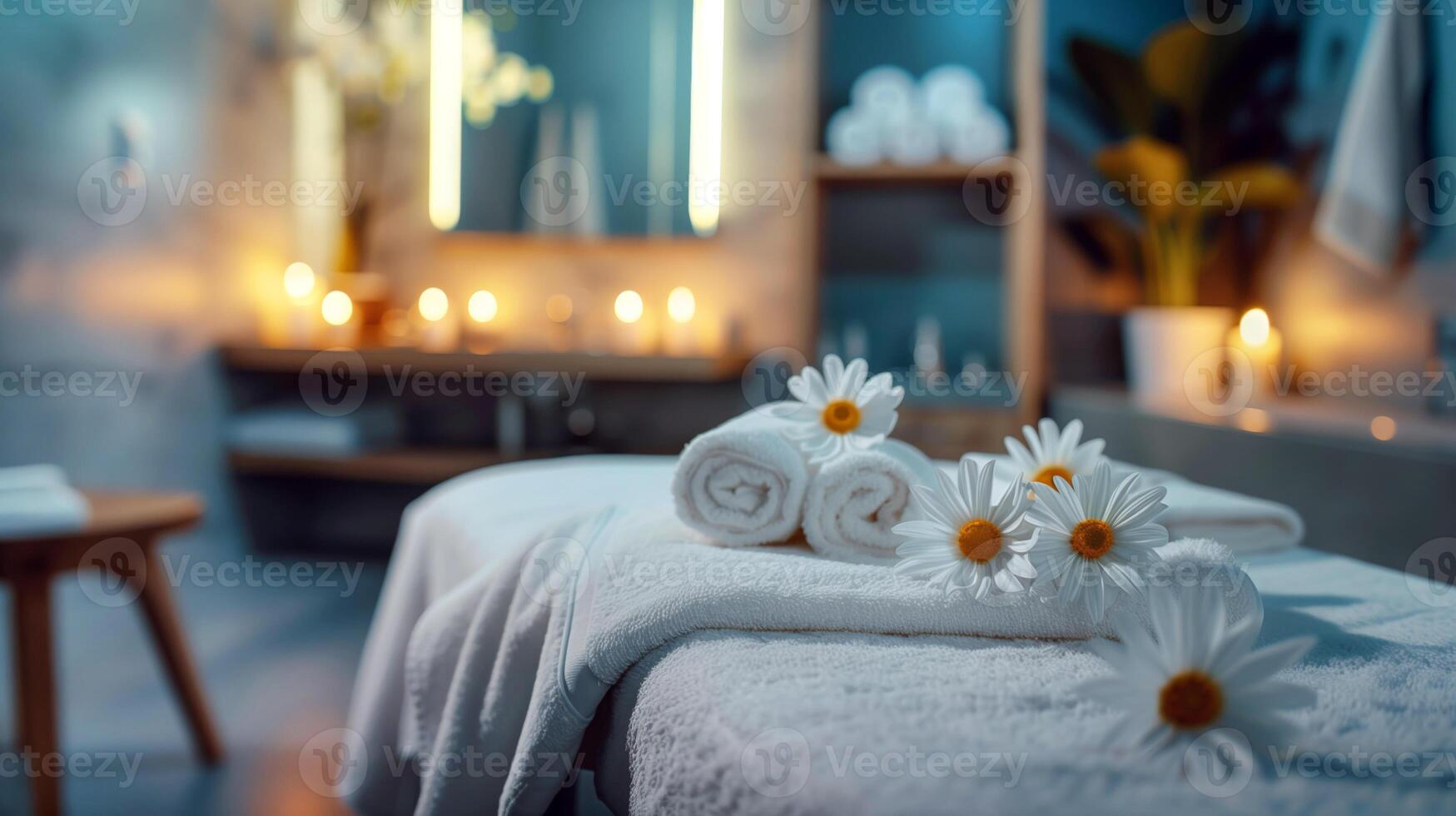 Spa and wellness setting with towels, candles and flowers in spa salon photo