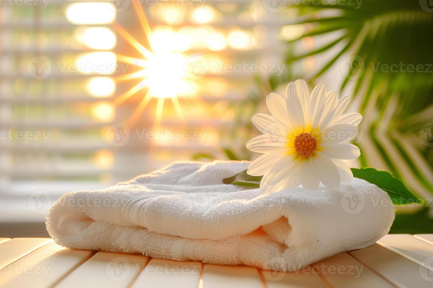 White towel with flower on wooden table in spa salon, closeup photo