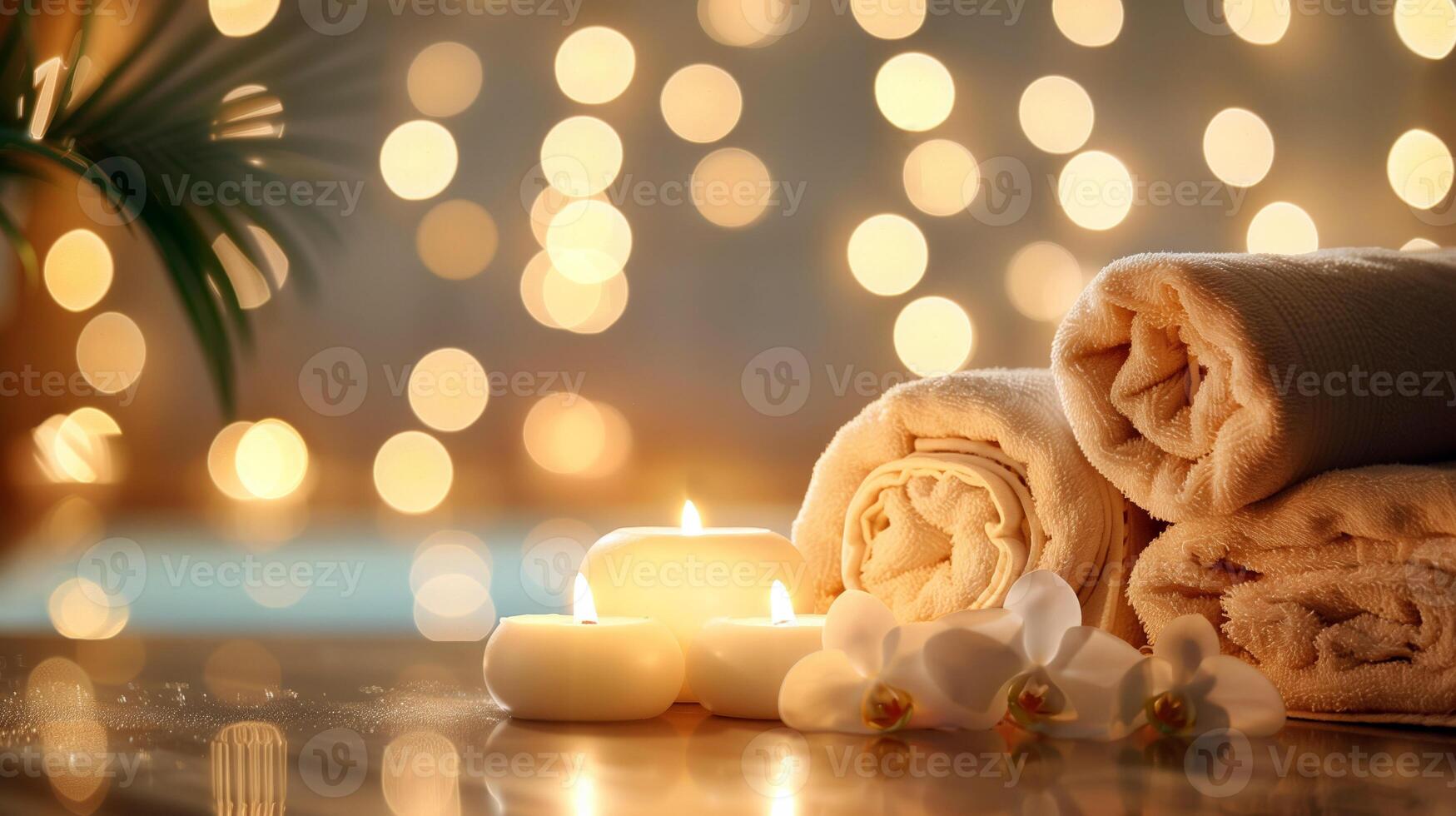 Spa setting with candles, towel and orchid flowers on blurred background photo