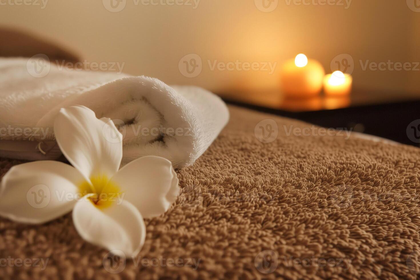 Towel and flower on bed in spa salon, close up photo