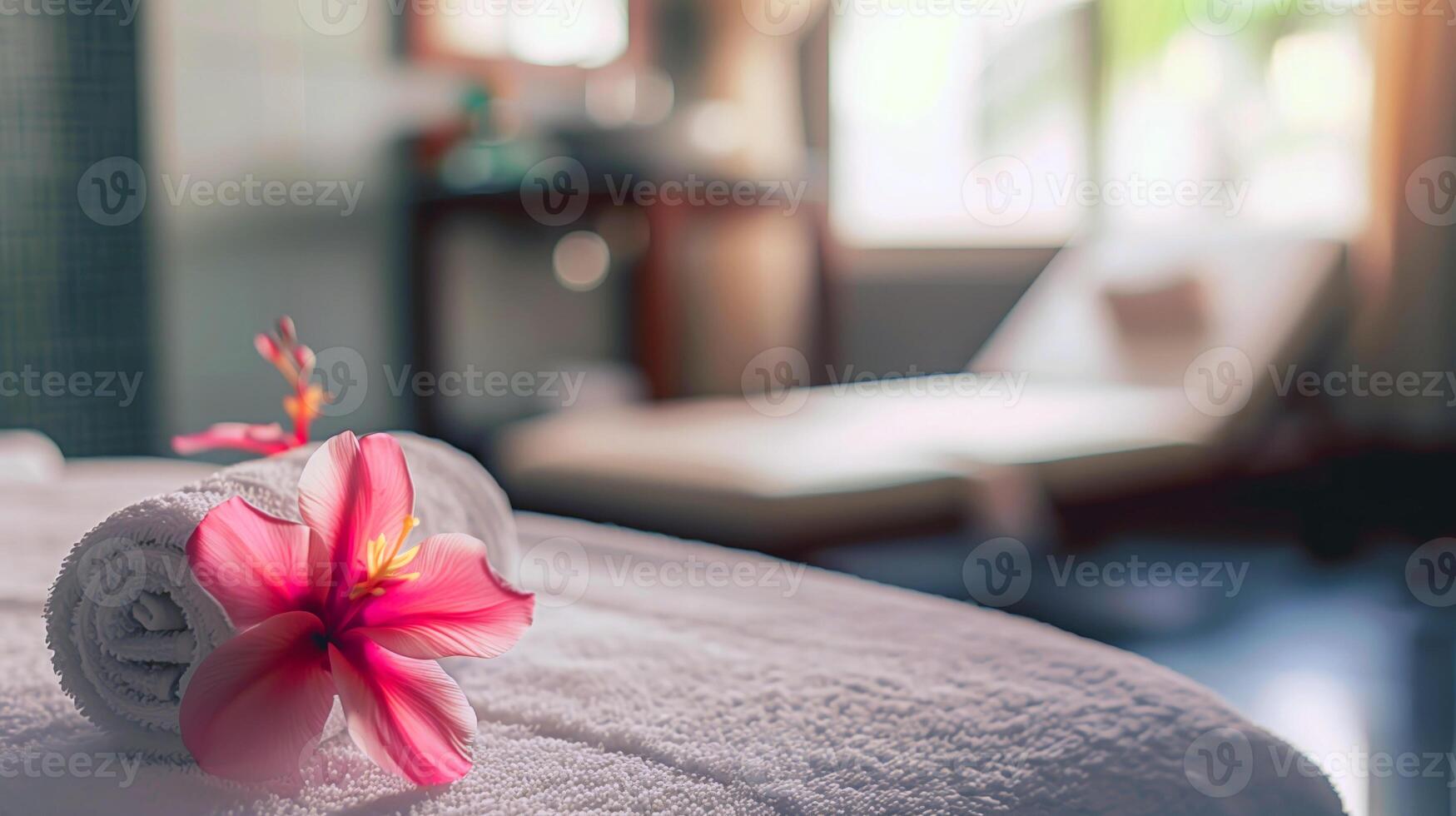 Towel and flower on bed decoration in spa salon photo