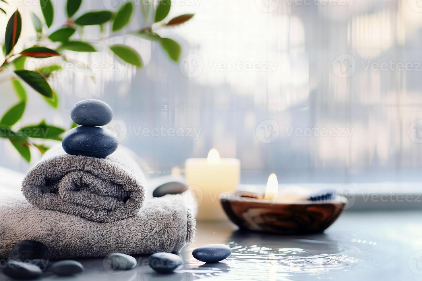 Spa still life with zen stones, towels and burning candles photo