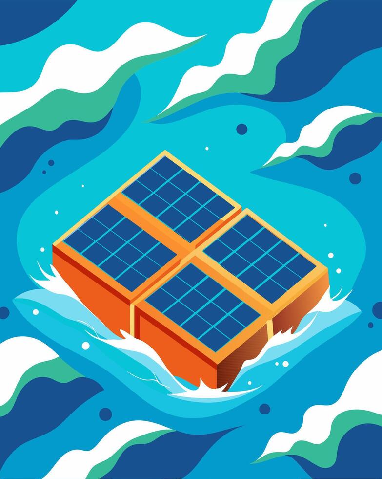 From above the solarpowered cargo ships panels create mesmerizing patterns on the oceans surface a reminder of the powerful potential of renewable energy sources.. illustration. vector