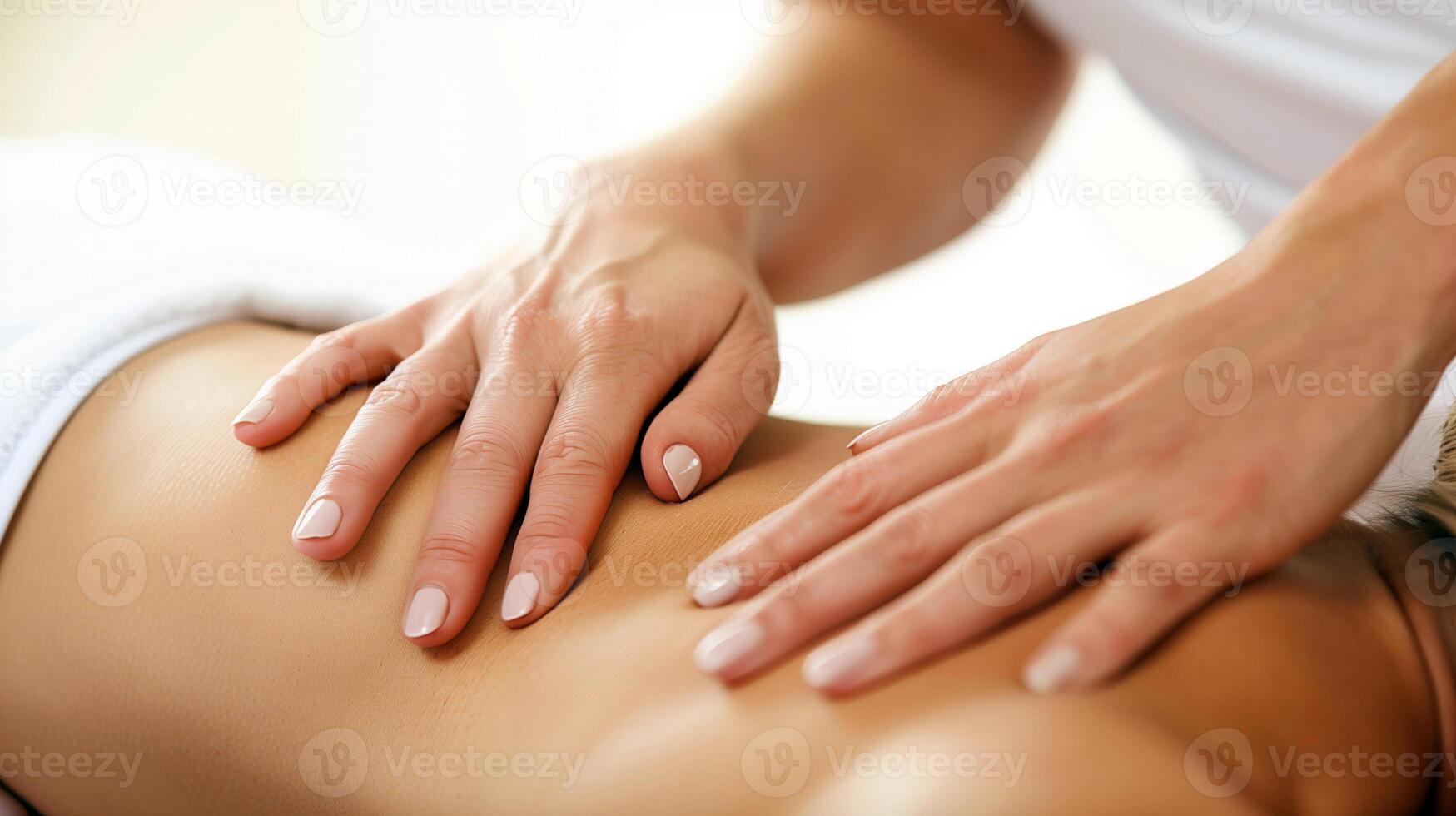 Close-up of a masseuse's hands giving a woman a back massage photo