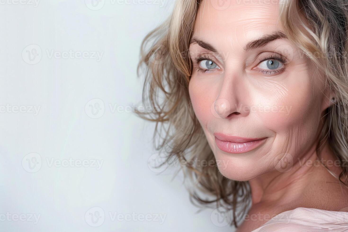 Beautiful 50 year old lady promoting facial skincare and anti-aging routines, copy space photo