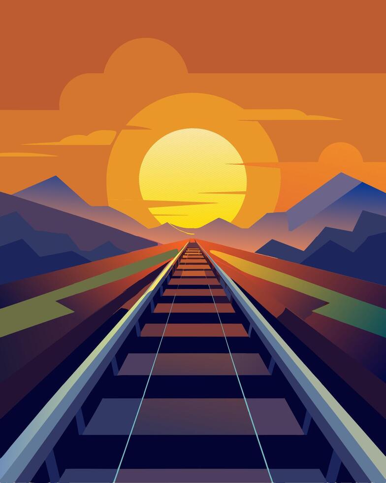 As the sun set on the horizon the solar panels on the train tracks continued to power the trains lights and engines through the night ensuring a safe and ecofriendly journey.. vector