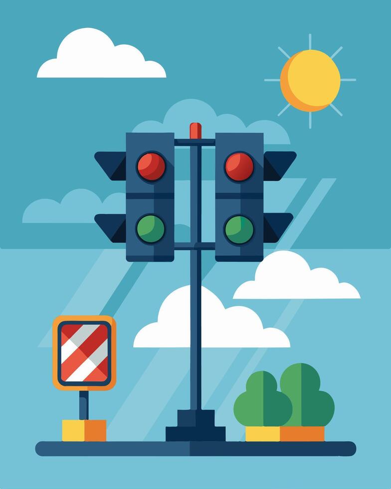 Even on a cloudy day the solarpowered traffic lights continue to shine effortlessly harnessing the suns energy to keep traffic moving smoothly.. illustration. vector