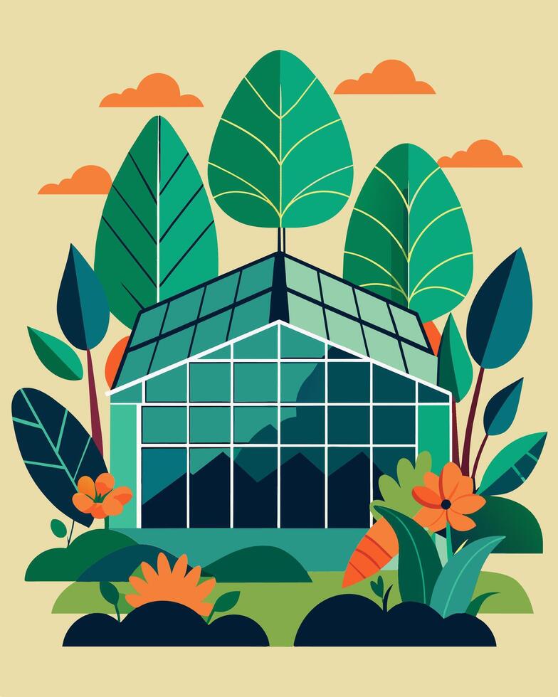 A botanical garden with solar panels cleverly disguised as giant leaves powering the greenhouse and conservatory.. illustration. vector
