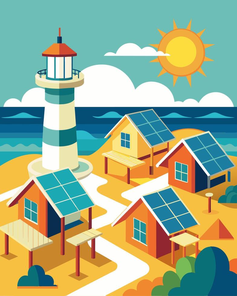 A beachfront resort made up of solarpowered cabins in various shapes and sizes from lighthouseinspired structures to traditional beach bungalows all powered by the suns energy.. vector