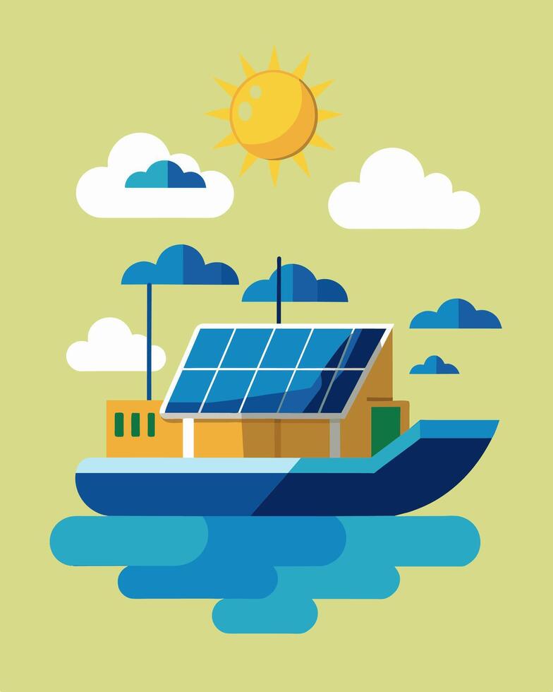 Even on cloudy days the solarpowered boat continued its journey relying on its advanced energy storage system to keep it moving.. illustration. vector