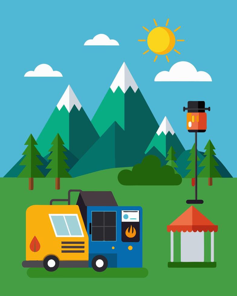 From camping in the mountains to working on a farm a solarpowered portable generator offers a convenient and sustainable solution for powering any remote location.. illustration. vector