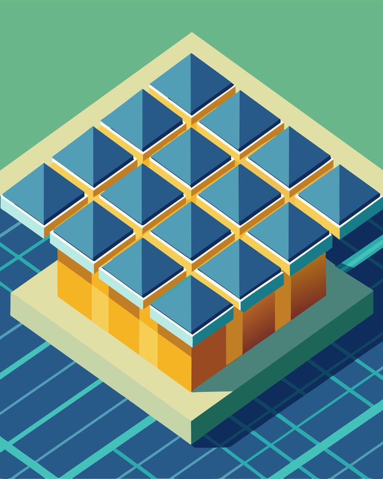 From above the solar panel array resembles a shimmering mosaic reflecting the suns rays in every direction.. illustration. vector