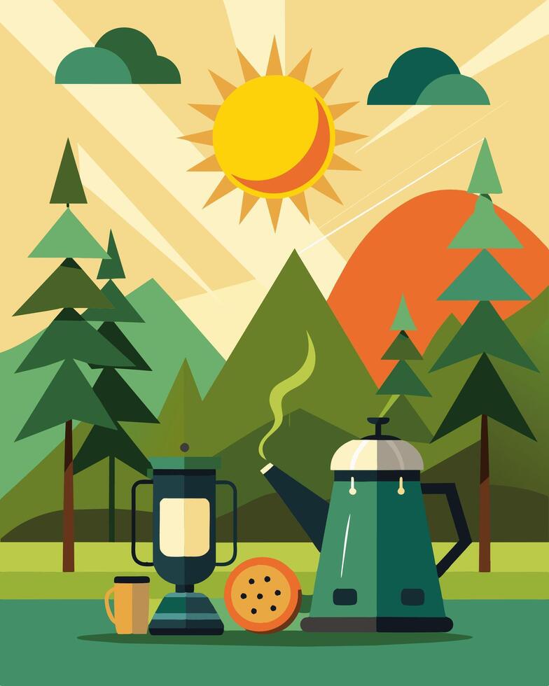 As the sun peeks through the leaves in the morning campers at a solarpowered forest campsite can start their day with a hot cup of coffee thanks to the solarpowered coffee maker in vector