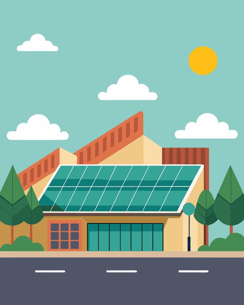 From afar the shopping center looked like any other but upon closer inspection the glint of the solar panels on its rooftop revealed its ecofriendly efforts.. illustration. vector