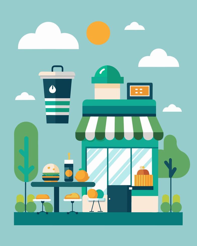 A bustling city cafe designed with a minimalist and ecofriendly approach featuring solarpowered charging stations and a variety of vegan pastries and smoothies.. illustration. vector