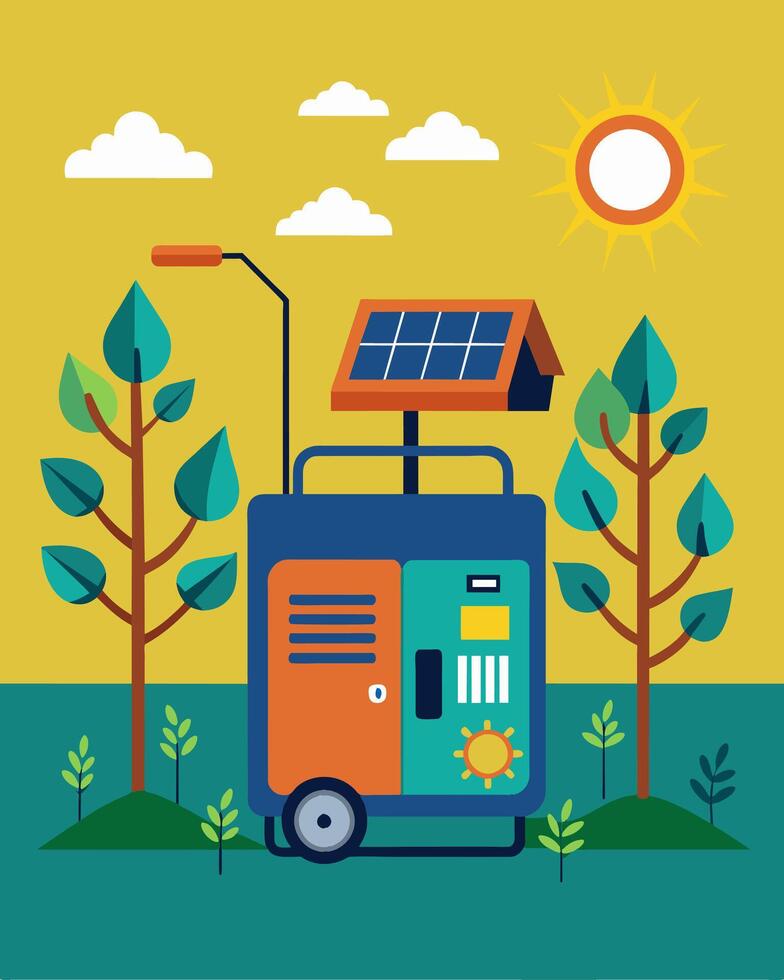 For those living in rural areas a solarpowered portable generator can provide a costeffective and efficient alternative to traditional power grids.. illustration. vector