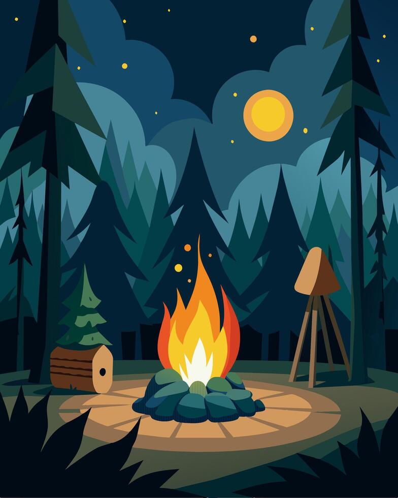 A bonfire night in the woods relying only on solarpowered lanterns and flashlights for light.. illustration. vector