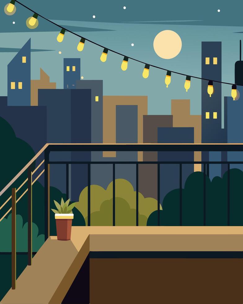 A balcony overlooking the city featuring a string of solarpowered garden lights that add a touch of warmth to the urban landscape.. illustration. vector
