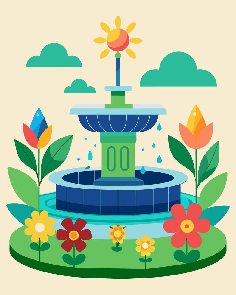 A beautiful park fountain adorned with colorful flowers blooming nearby powered by the suns renewable energy.. illustration. vector
