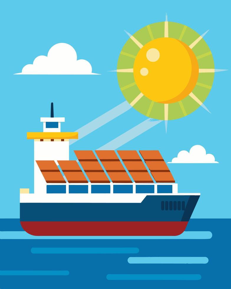 A bright sunny day at sea with the solarpowered cargo ship chugging along its panels glistening in the sunlight and powering the ship forward.. illustration. vector