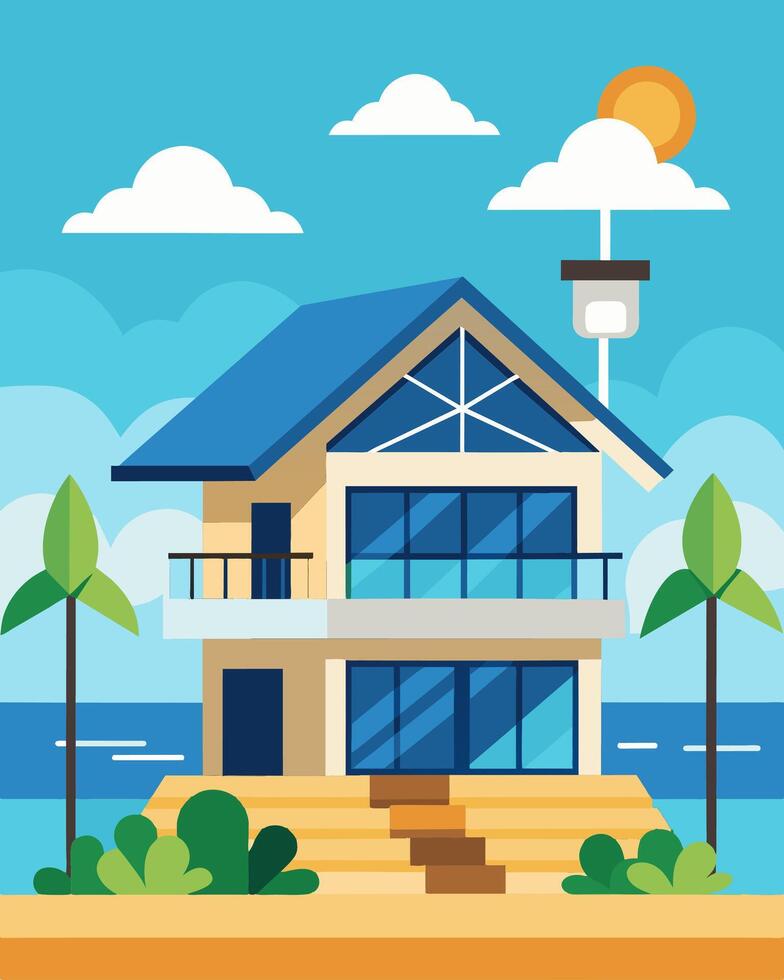 A beachfront villa equipped with solarpowered motion detectors providing a sustainable and reliable solution for vacation home security.. illustration. vector