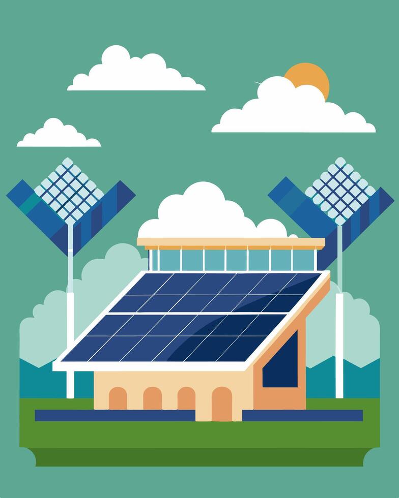 Even on a cloudy day the solar panels that line the stadiums roof were able to collect enough energy to power the bright efficient lights for an evening match.. illustration. vector
