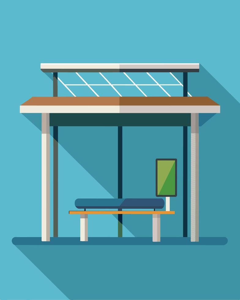 A bus stop shelter with a solar panel roof providing shade for commuters while charging their phones and other electronic devices.. illustration. vector