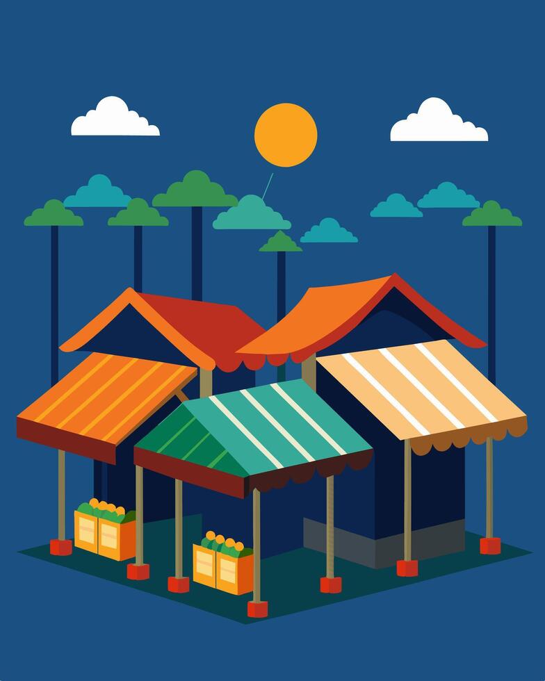 Even on the cloudiest days the market remains brightly lit thanks to the efficient solar panel systems installed on each stall.. illustration. vector