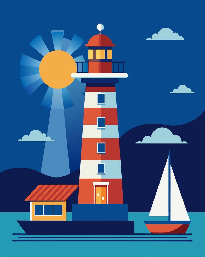 For centuries lighthouses have guided ships to safety but now they do so in an ecofriendly way thanks to solar energy.. illustration. vector