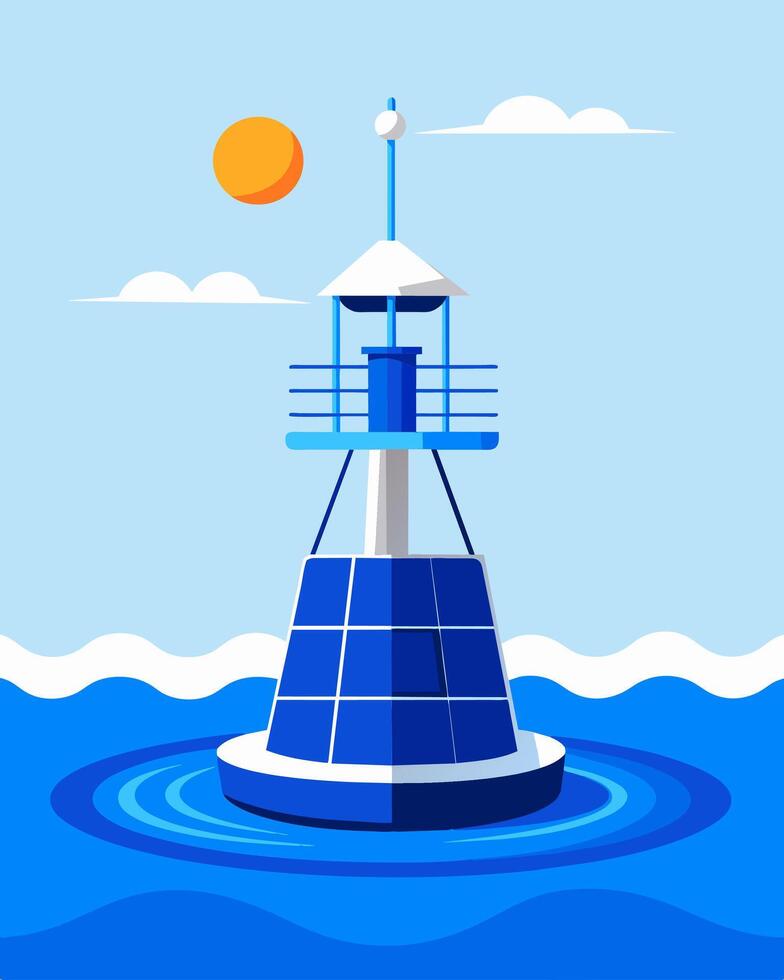 A blue and white buoy adorned with solar panels stands tall and proud in the choppy waters supporting crucial marine navigation systems.. illustration. vector