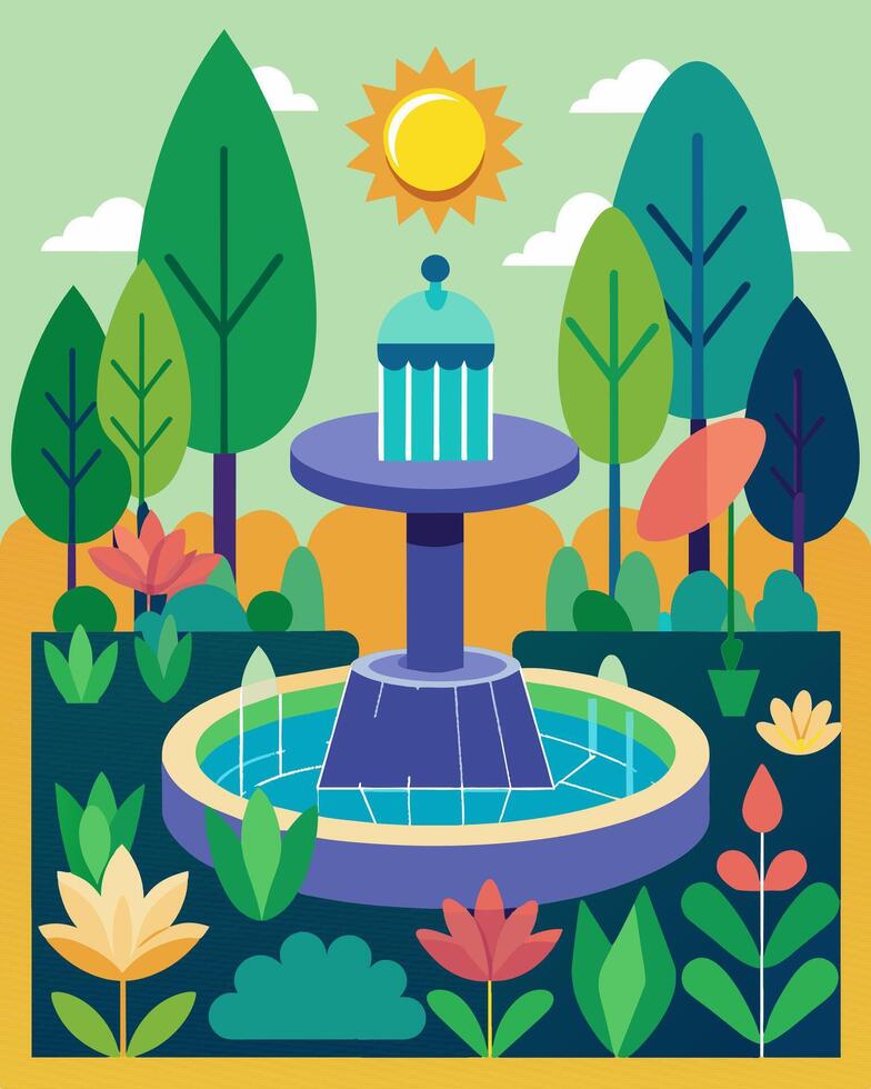 A botanical garden with a cascading solarpowered water fountain providing a beautiful sensory experience for visitors while also being energy efficient.. illustration. vector