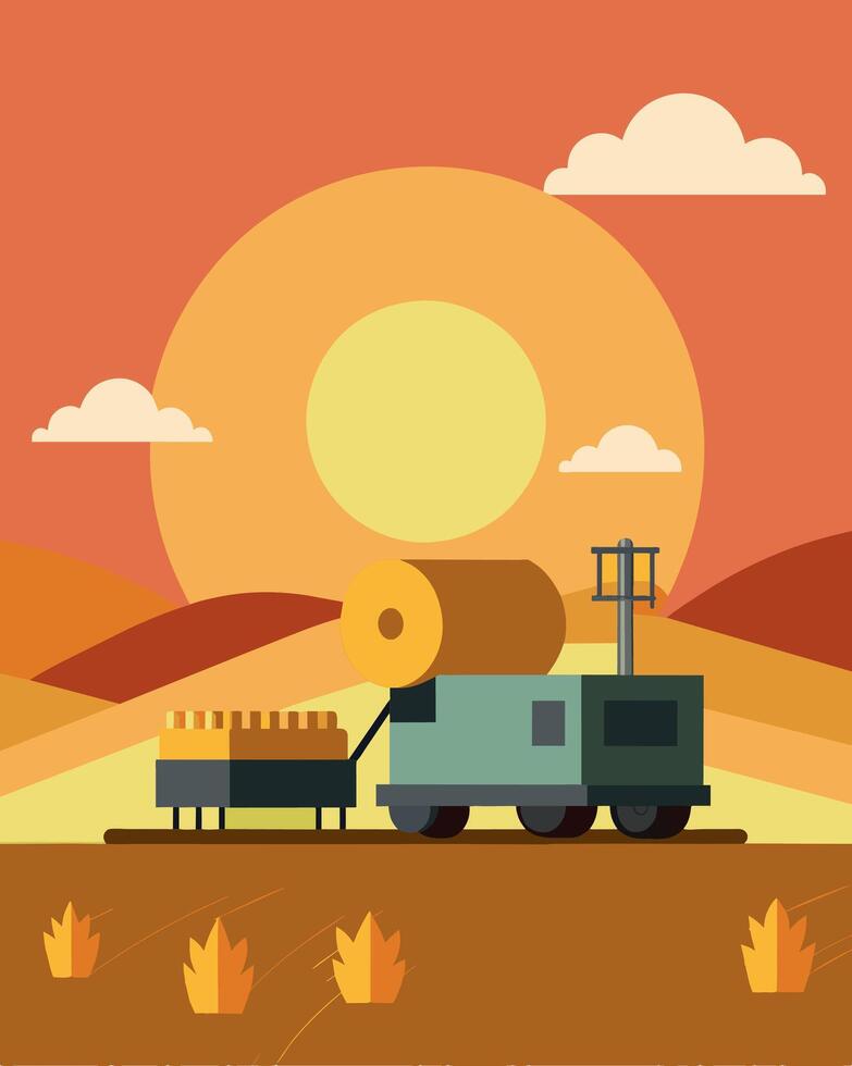 As the sun rose over the horizon the solarpowered hay baler began its work effortlessly gathering the golden hay.. illustration. vector
