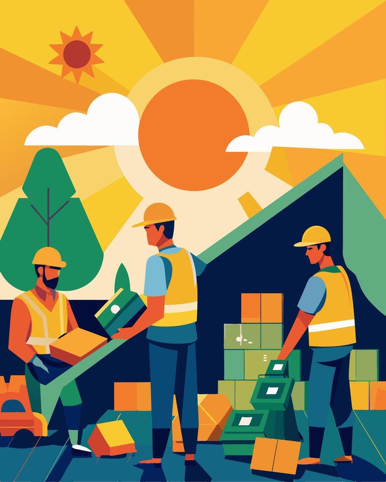 A bustling facility with workers clad in solarpowered vests sorting through piles of recyclables under the warm glow of the sun.. illustration. vector