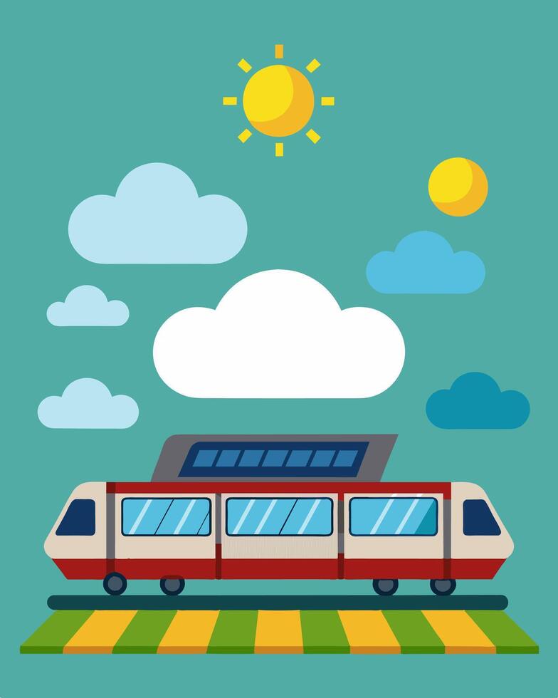 Even on cloudy days the trains solar panels are able to capture enough energy to supplement its traditional power source.. illustration. vector