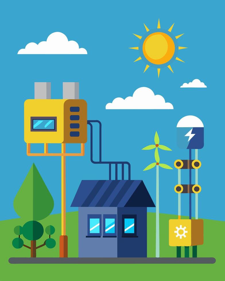 A backup power system using solar energy providing a reliable source of electricity during emergencies.. illustration. vector