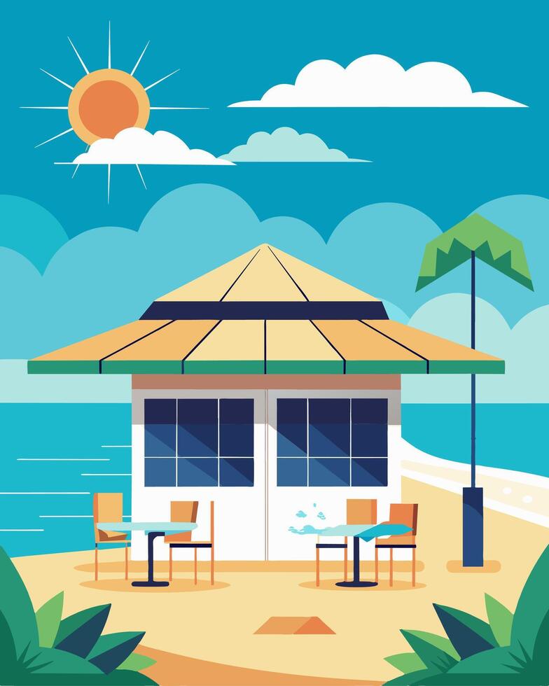A beachfront cafe with a breathtaking view equipped with solarpowered charging stations to ensure that customers devices never run out of battery while they soak up the sun and. vector