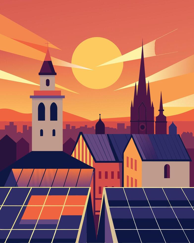 As the sun set over the city the rooftop of the 19th century church lit up with a row of solar panels showcasing a perfect blend of old and new energy sources.. illustration. vector