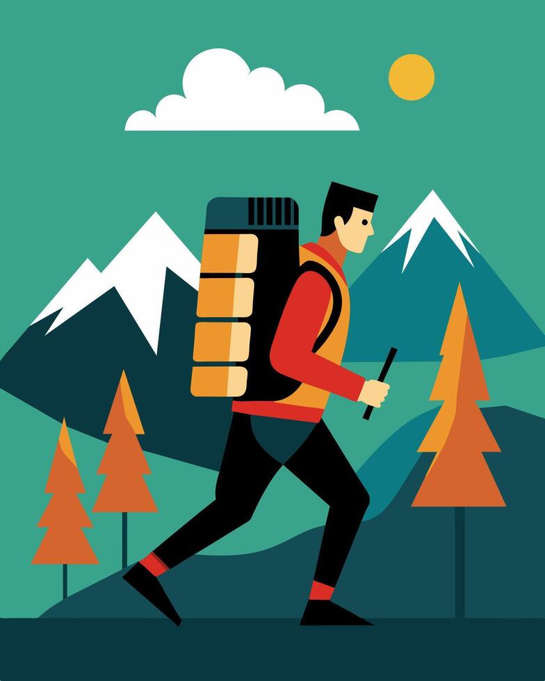 A backpacker trudged up the mountain their bulky battery pack now rep with a sleek solarpowered one lightening their load in more ways than one.. illustration. vector