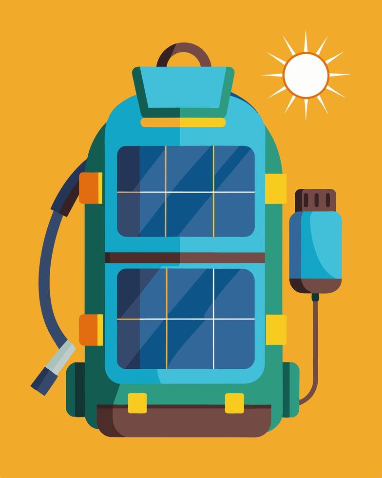 From camping in the wilderness to navigating busy city streets this solar backpack keeps your devices charged and ready for anything.. illustration. vector