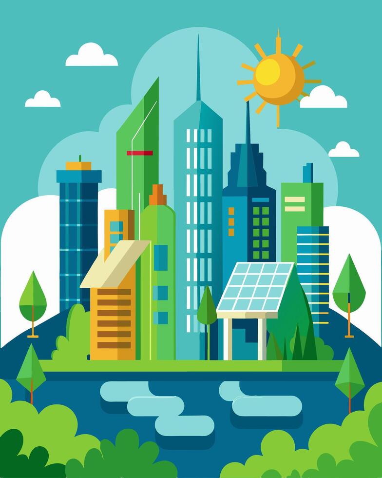A bustling city center its skyscrapers sporting green walls equipped with solar panels making a bold statement about the citys commitment to renewable energy.. illustration. vector
