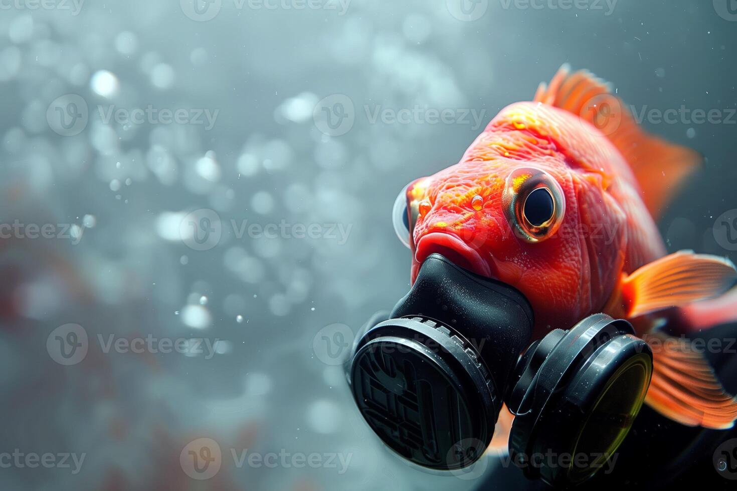 An underwater fish with a respirator mask, the concept of ocean pollution, copy space photo