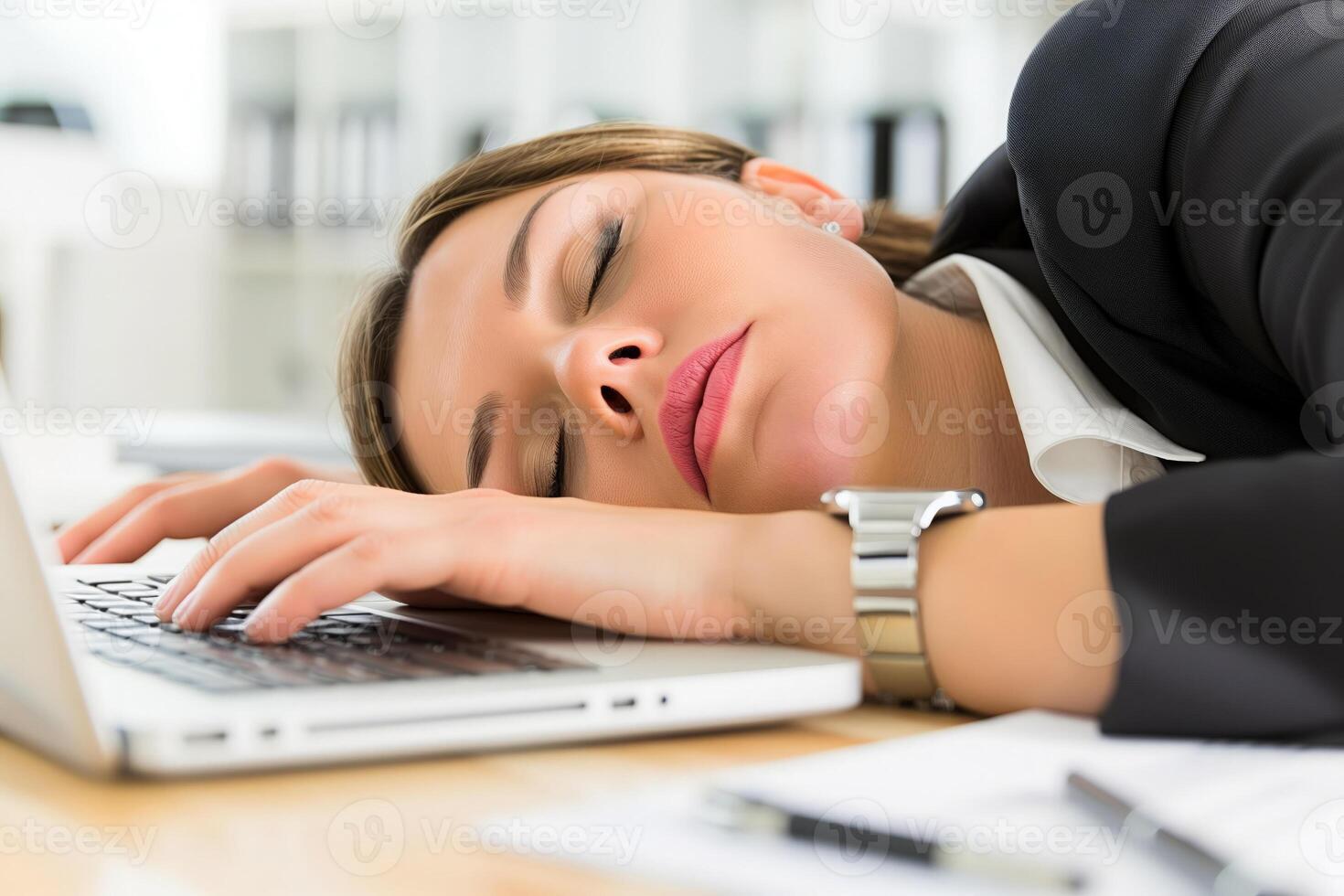 Tired manager sleeps beside laptop, the stress and burnout of her career photo