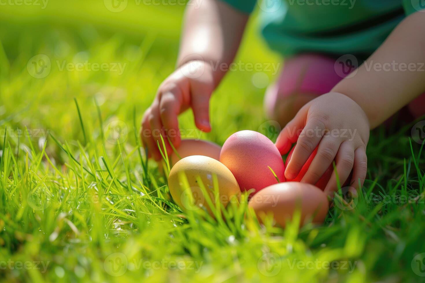 Boy's hands looking for Easter colored eggs in green grass photo