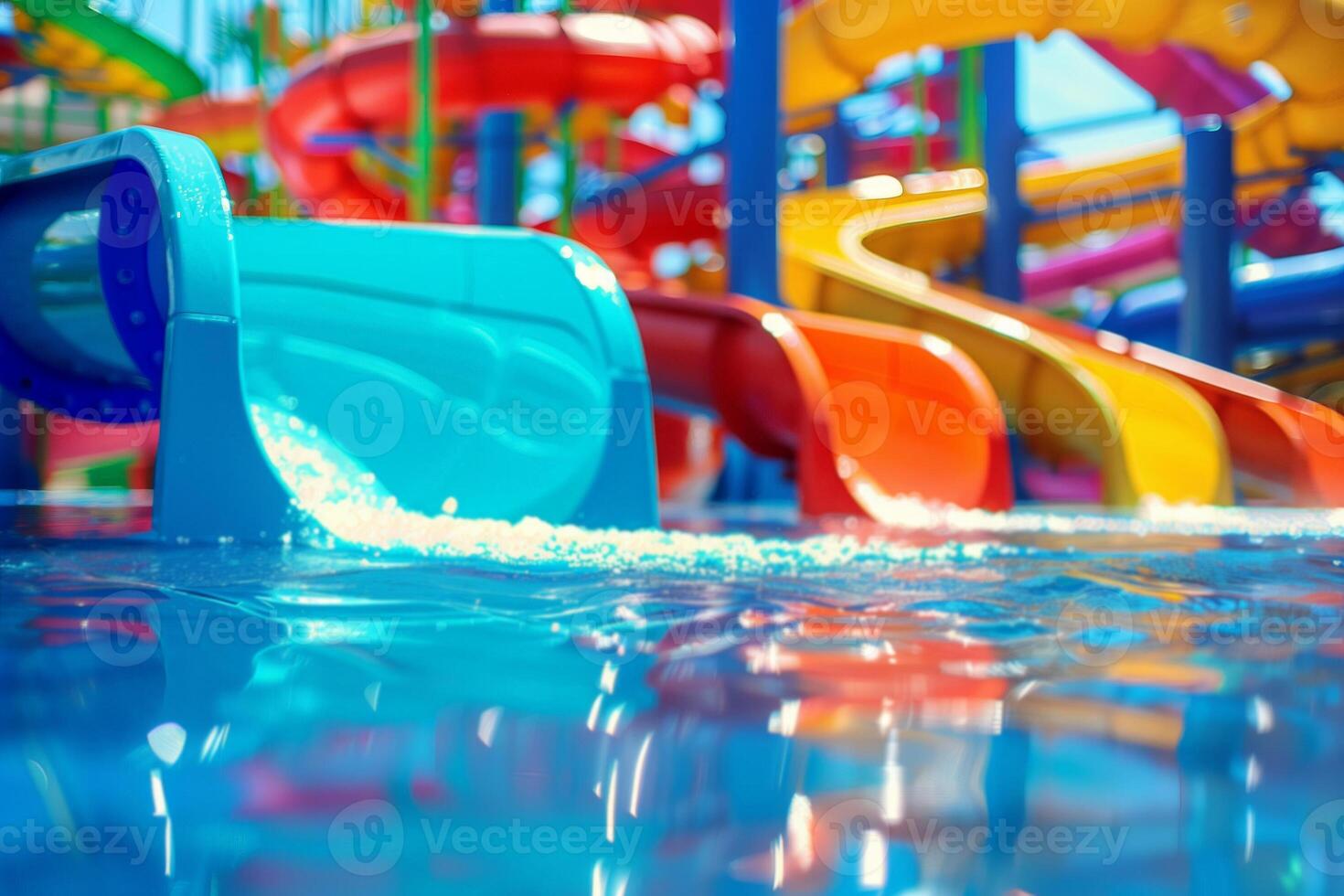 Colorful children's slides in the water park. Selective focus photo