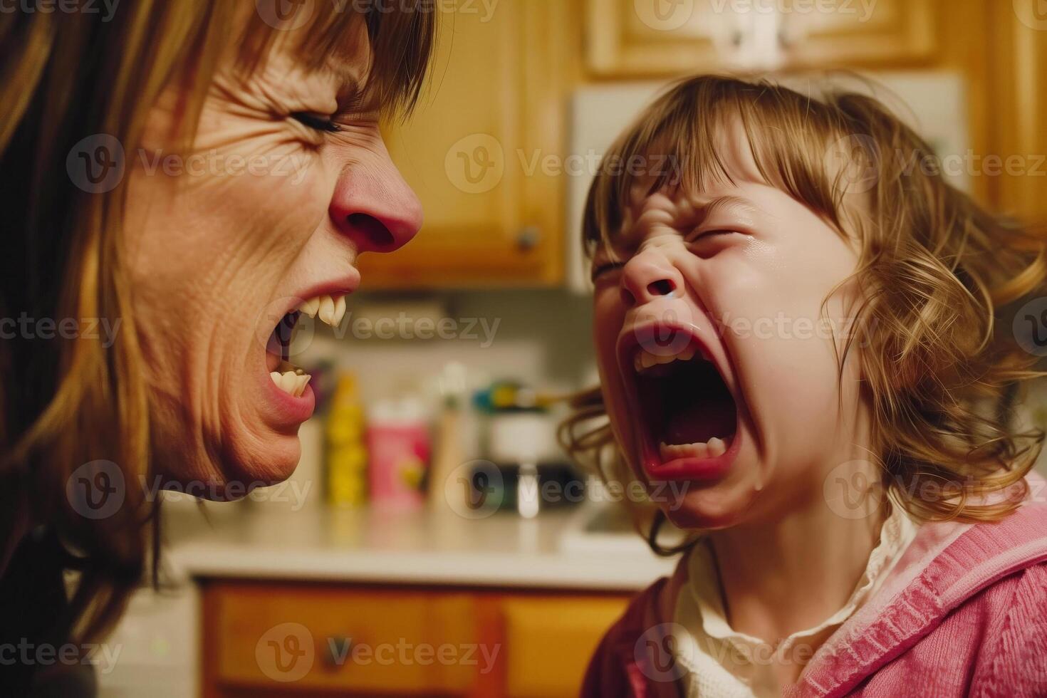 Portrait of angry little girl shouting at mother in the kitchen photo